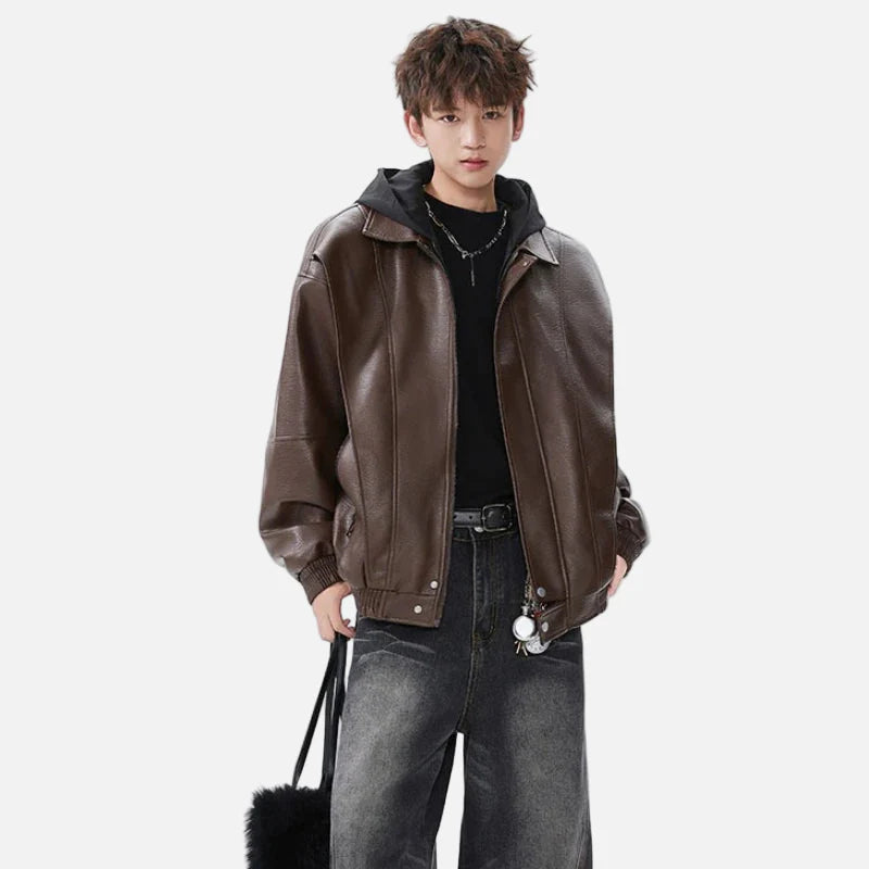 Retro-Bikerjacke aus Leder mit Kapuze im amerikanischen Stil