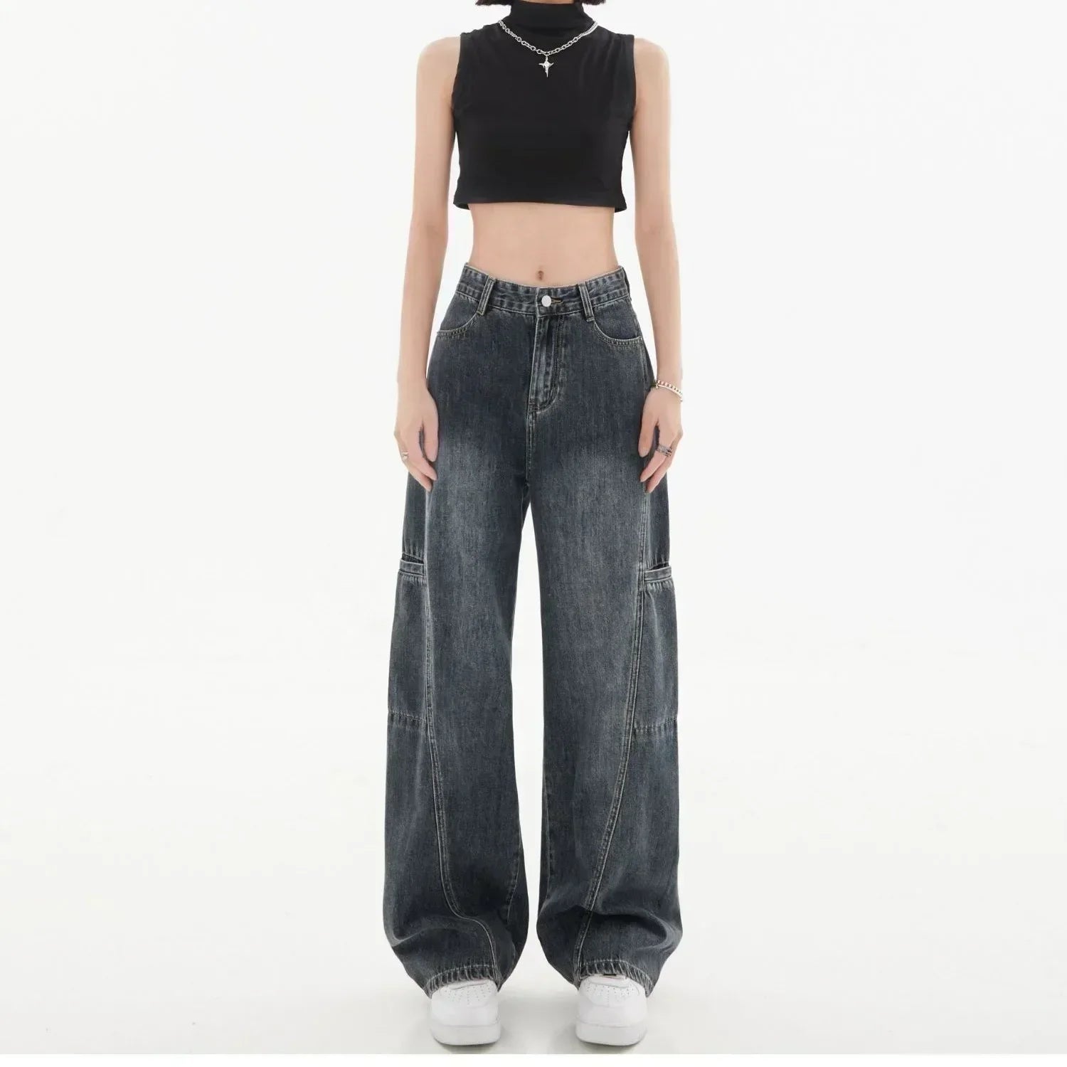 Women Vintage Washed Cargo Wide Leg Jeans