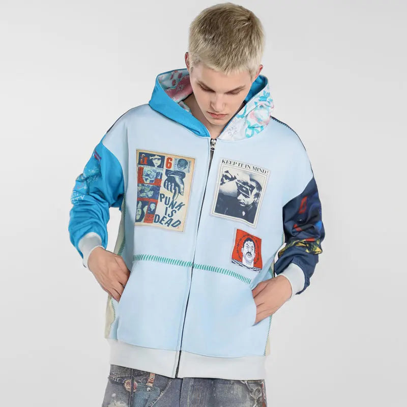 Vintage Grunge Graphic Printed Zip-Up Sweatshirt