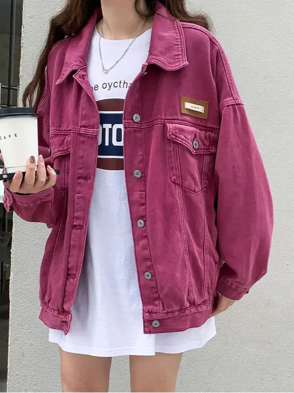 Women Rose Pink Buckle Loose Denim Jacket