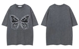 Damen-T-Shirt mit Schmetterlingsaufnäher, Oversize, süß, gewaschen