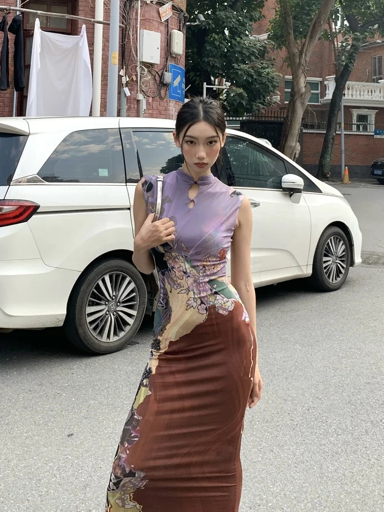 Y2K Vintage Floral Bodycon Midi Dress