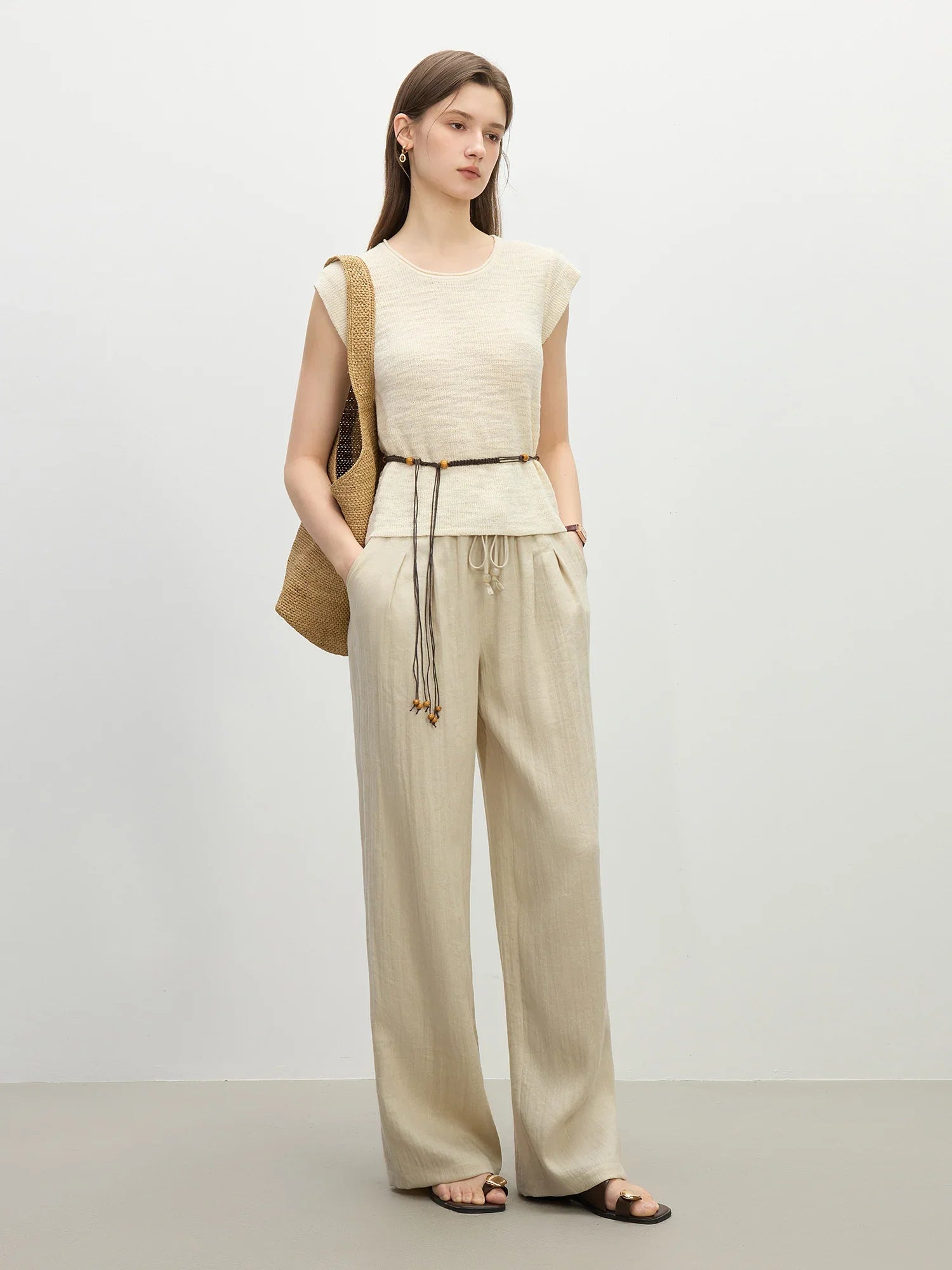 Elastische Leinenhose mit hohem Bund