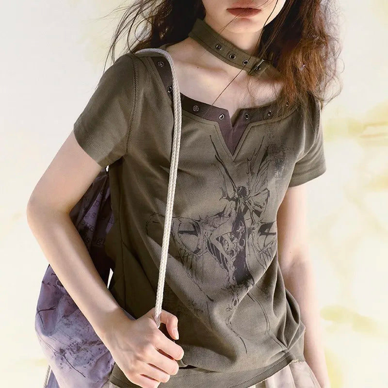 Grunge Y2K Patchwork Halter Women's T-Shirt