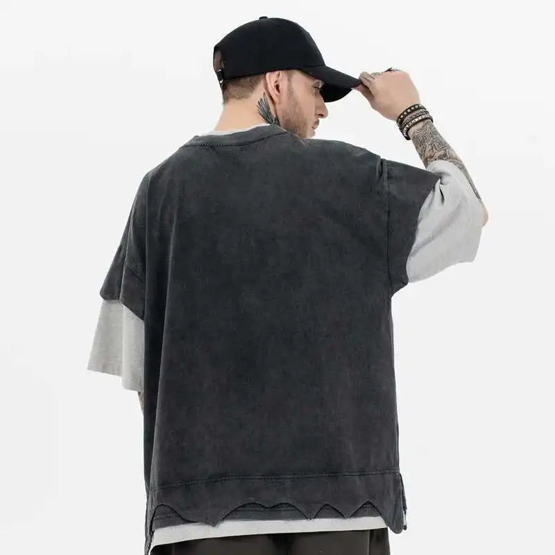 ハイストリート ダメージ加工パッチワークコットンTシャツ