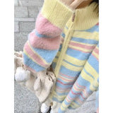 Soft Girl Rainbow Cozy Striped Zipper Sweater