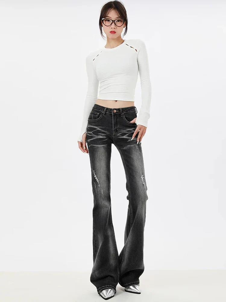 Women Vintage Ripped Bootcut Flared Jeans
