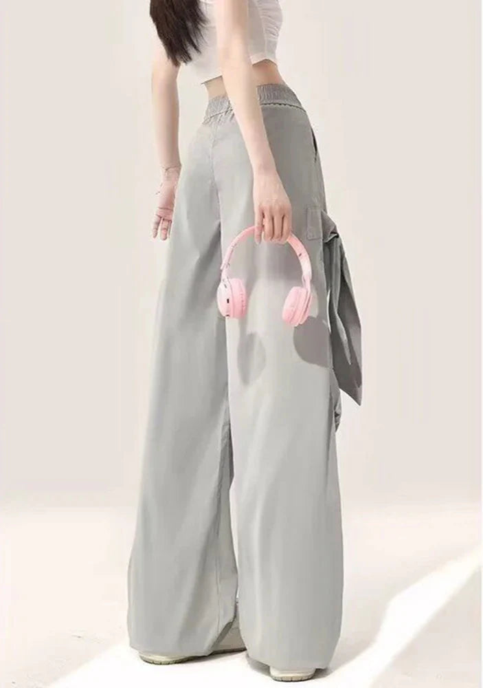 Women Vintage Casual Gray Bow Cargo Pants