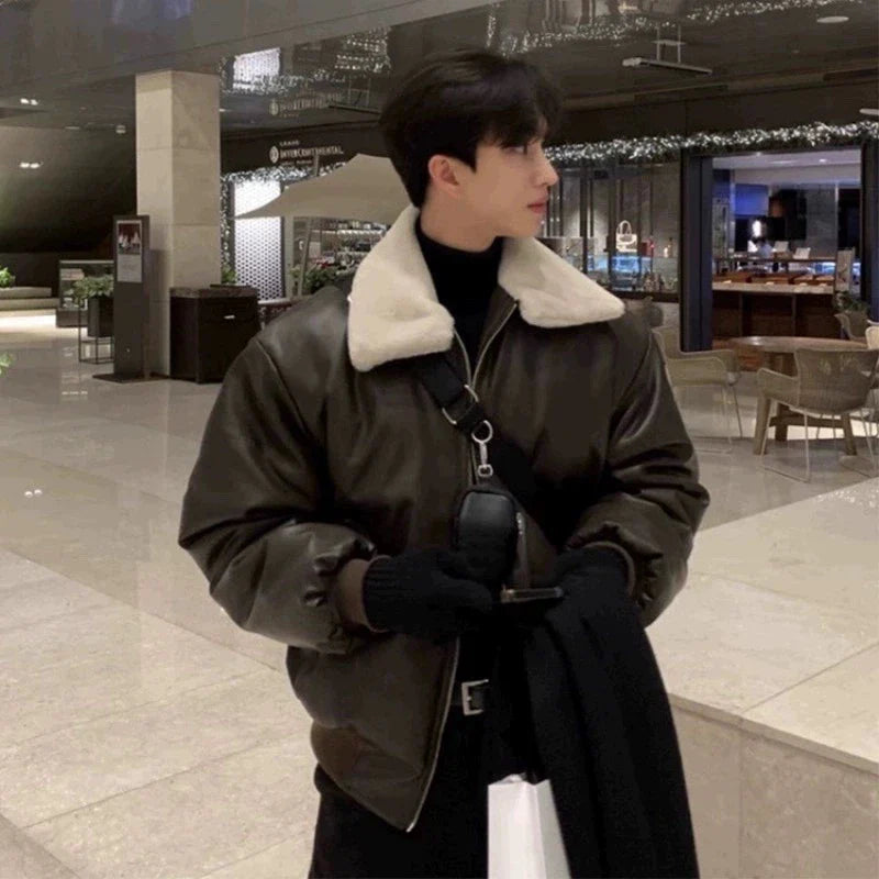 Warme, dicke Winterlederjacke für Herren