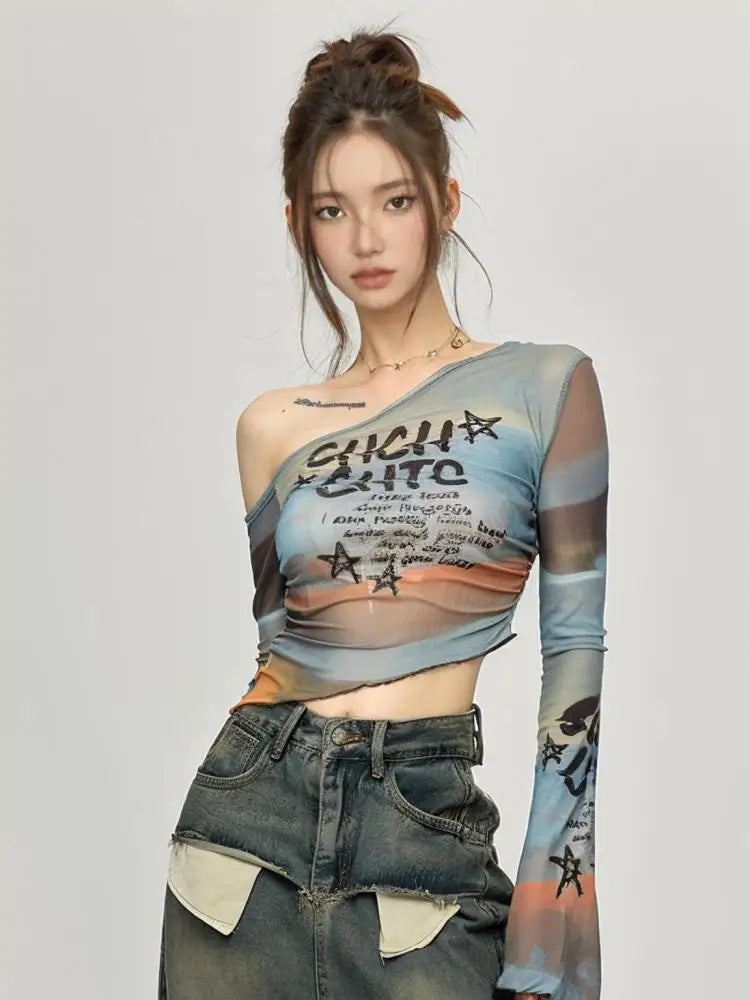 Women Gothic Mesh Long Sleeve T-Shirt