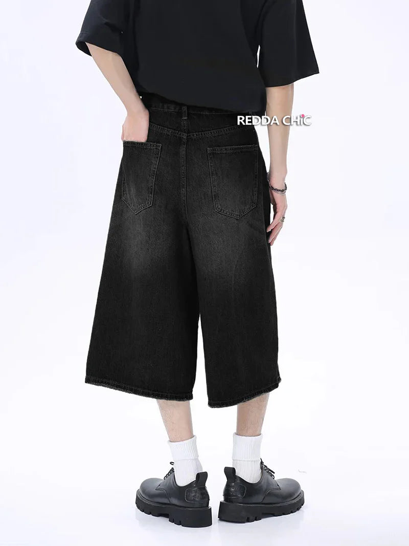 Black Retro Distressed Whiskers Denim Jorts
