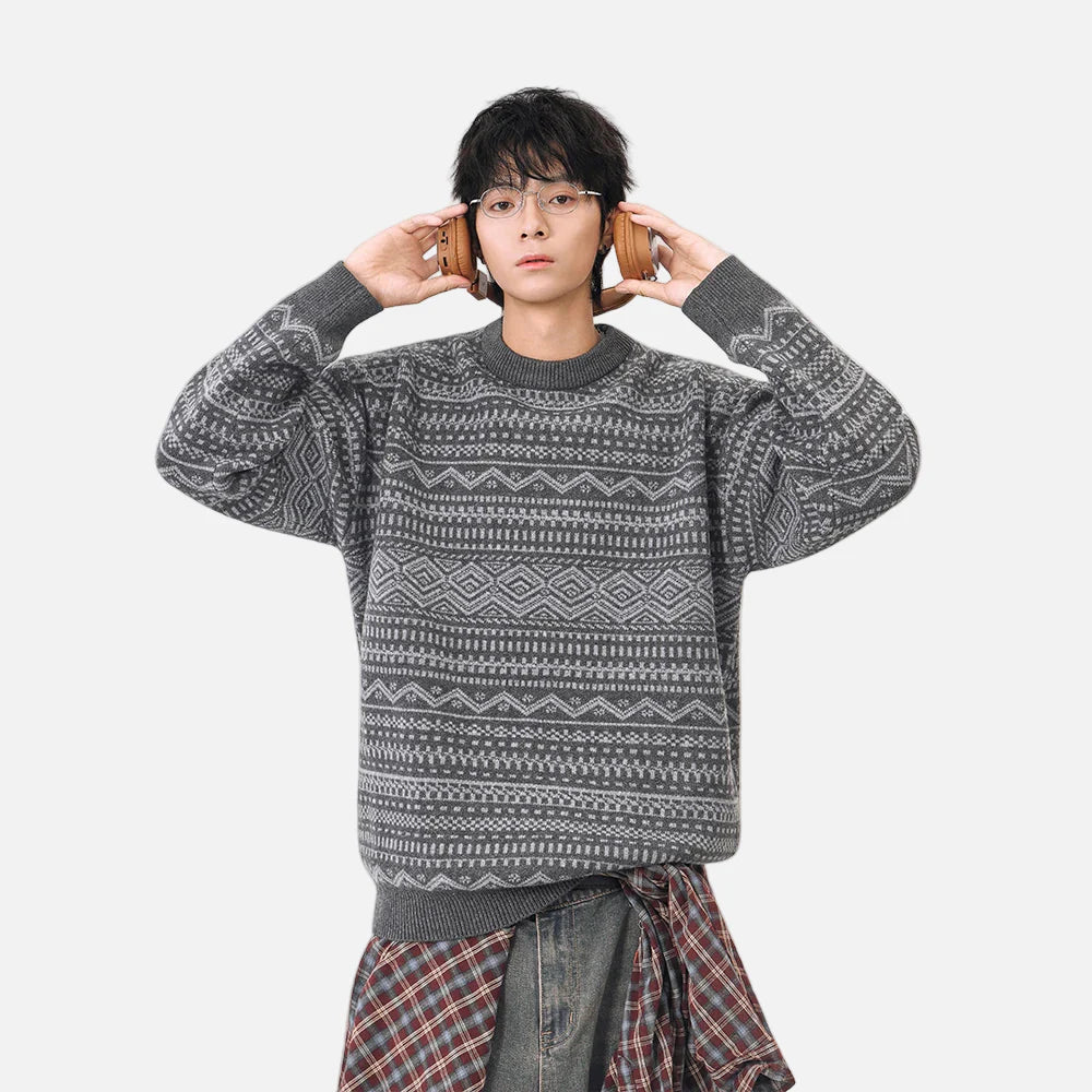 Y2K Plüsch-Strickpullover im Ethno-Stil mit Rundhalsausschnitt