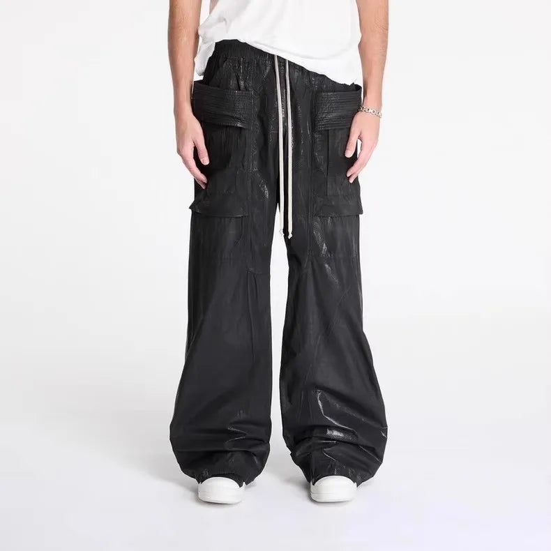 Streetwear Wide Leg Workwear Leather Cargo Pants