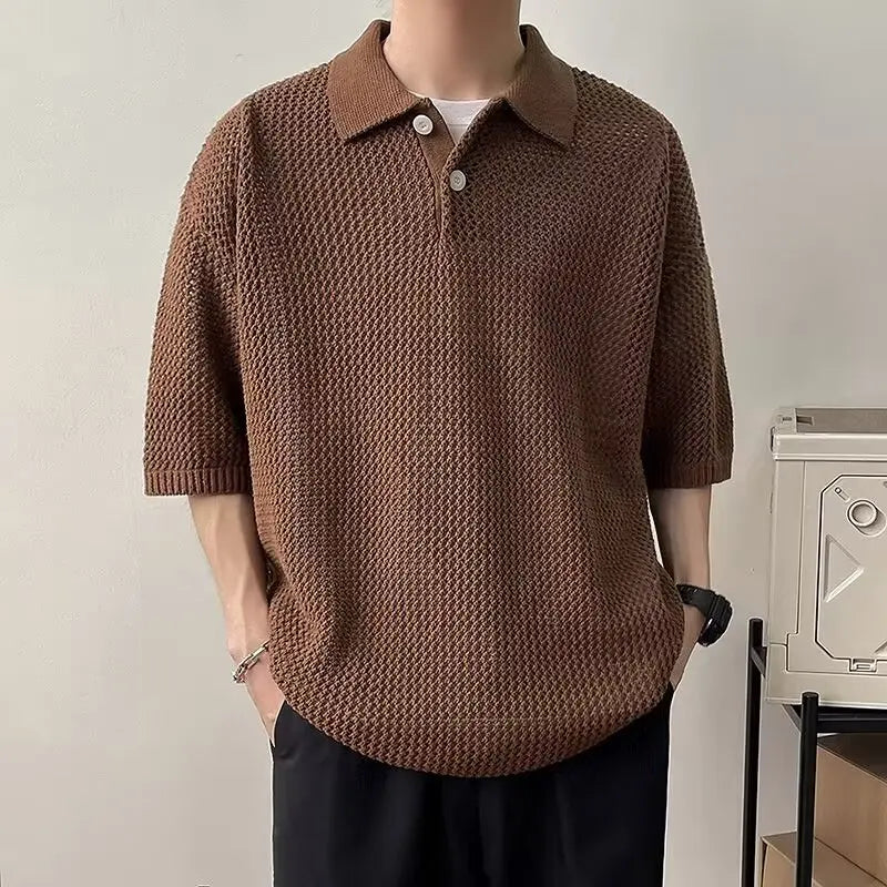 Klassisches, atmungsaktives, einfarbiges Strick-Polo-Shirt