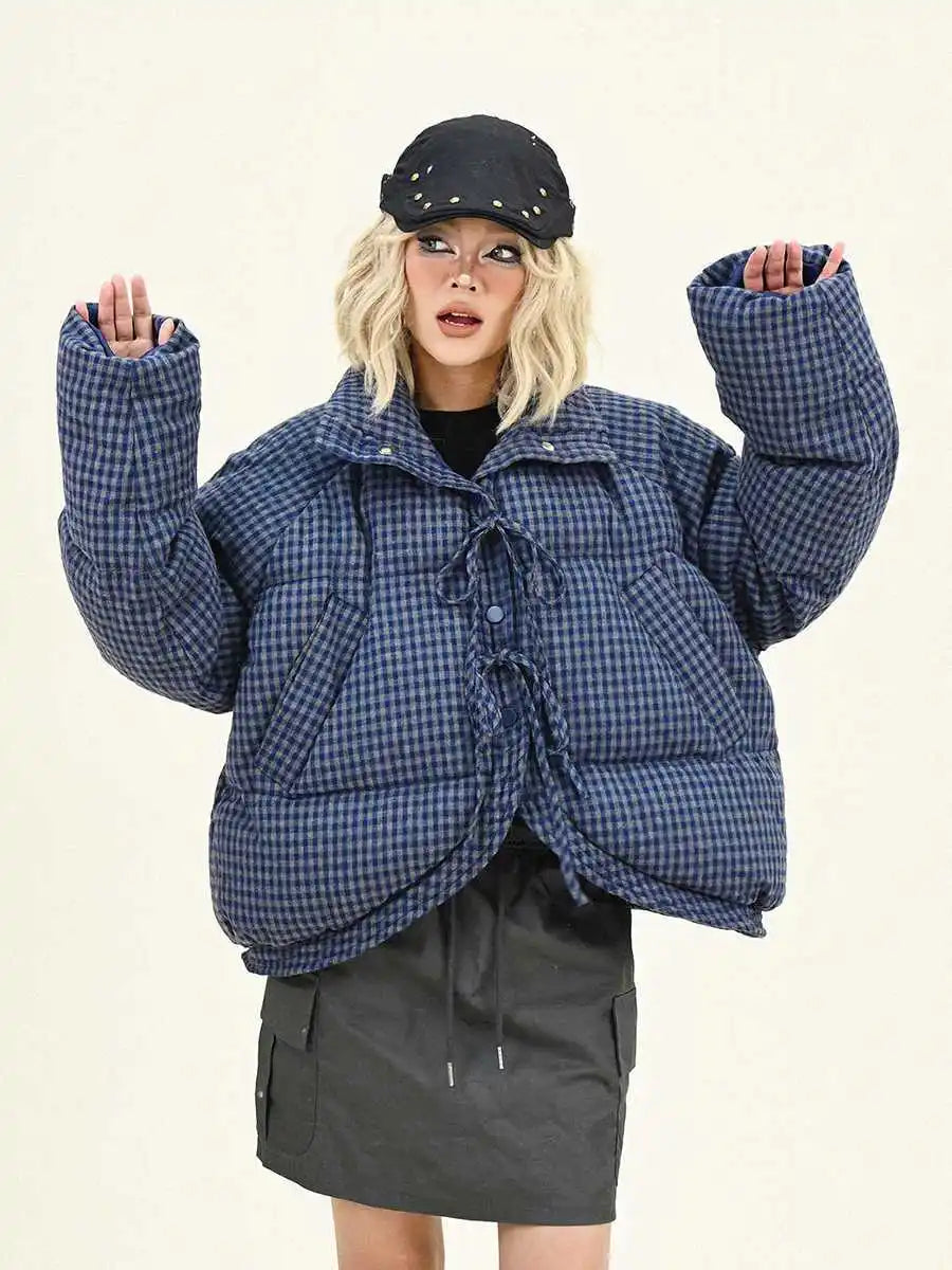 Plaid Vintage Style Oversize Zipper Puffer Jacket