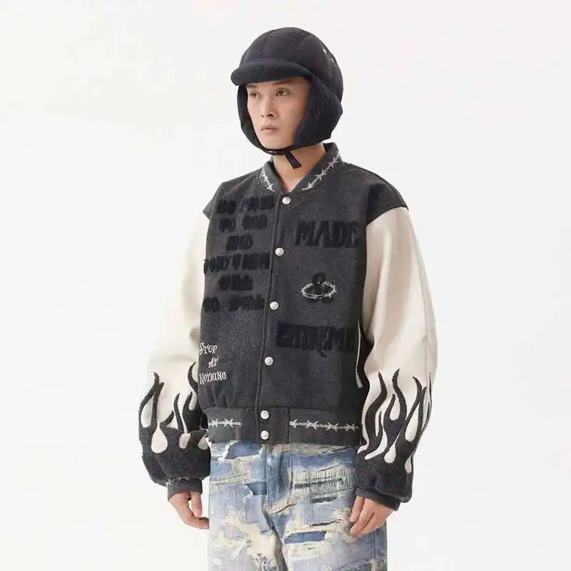 Veste à blocs de couleurs brodée en maille mixte avec flamme