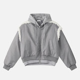 おしゃれなパッチワーク切りっぱなしフード付きベースボールジャケット