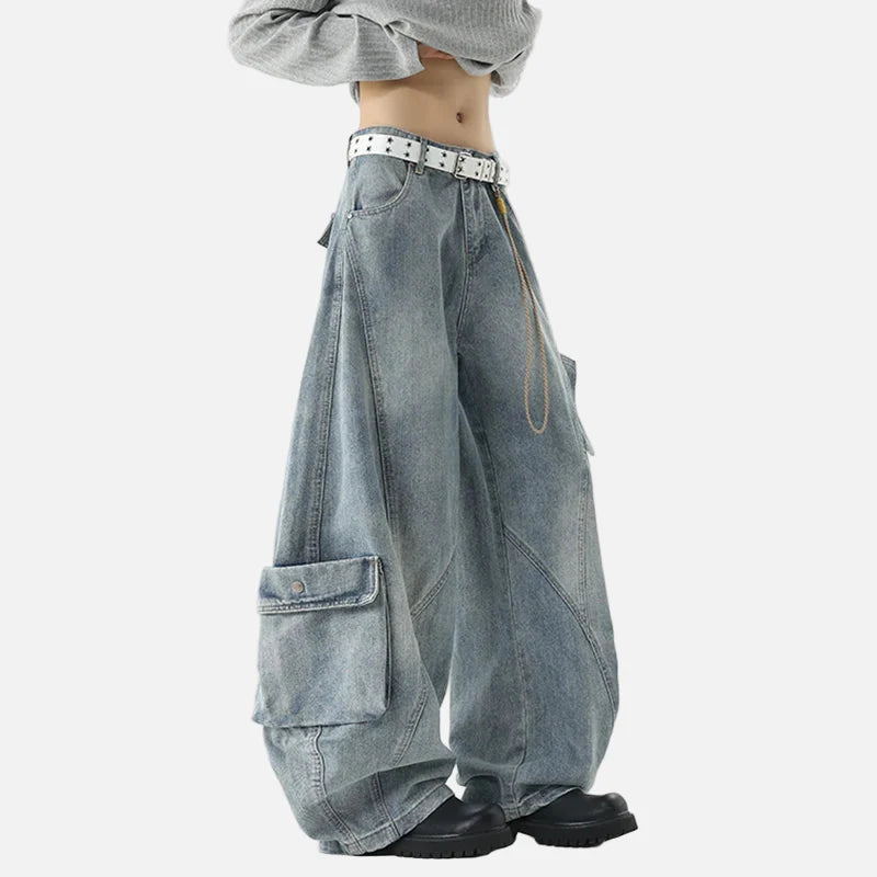 Y2K High Street Wide Leg washing Big Pocket Denim Jeans