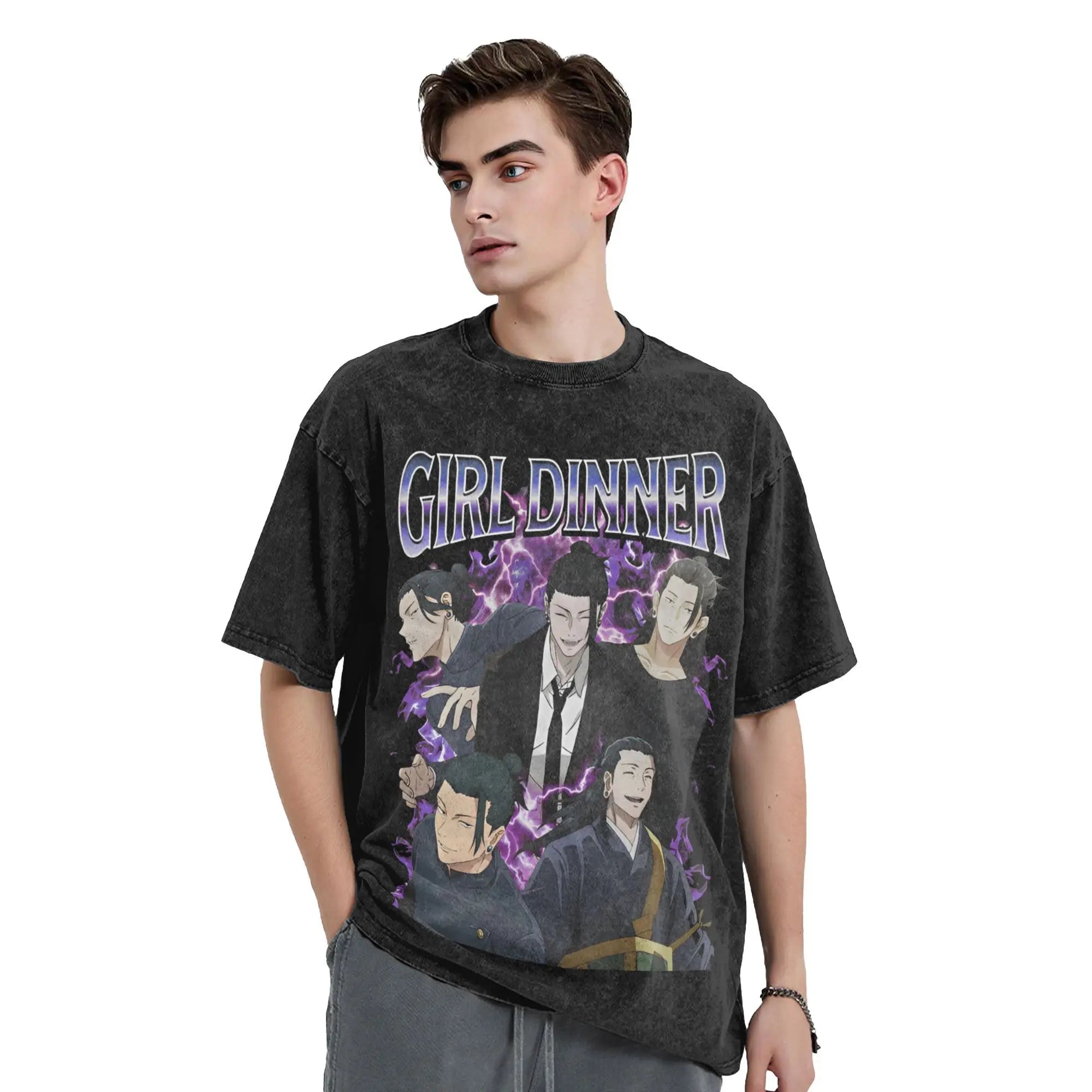 Anime Girl Dinner Print Washed T-Shirt