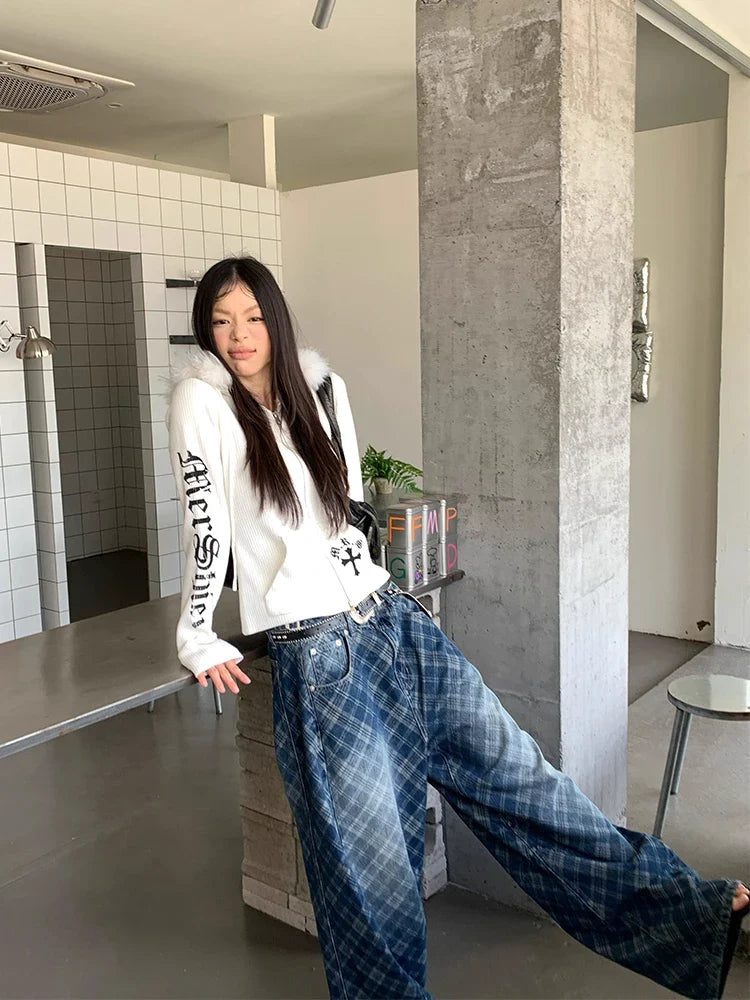 Blue Oversized Letter Print Wide Leg Jeans