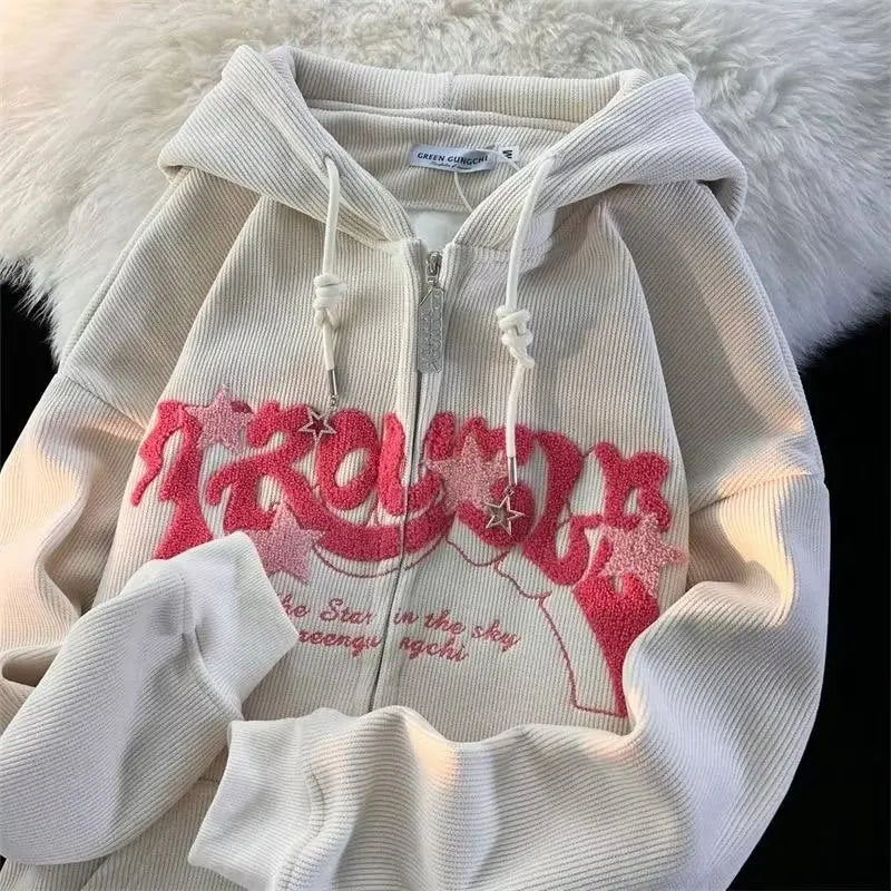 Y2K Embroidered Loose Zip-Up Hoodie
