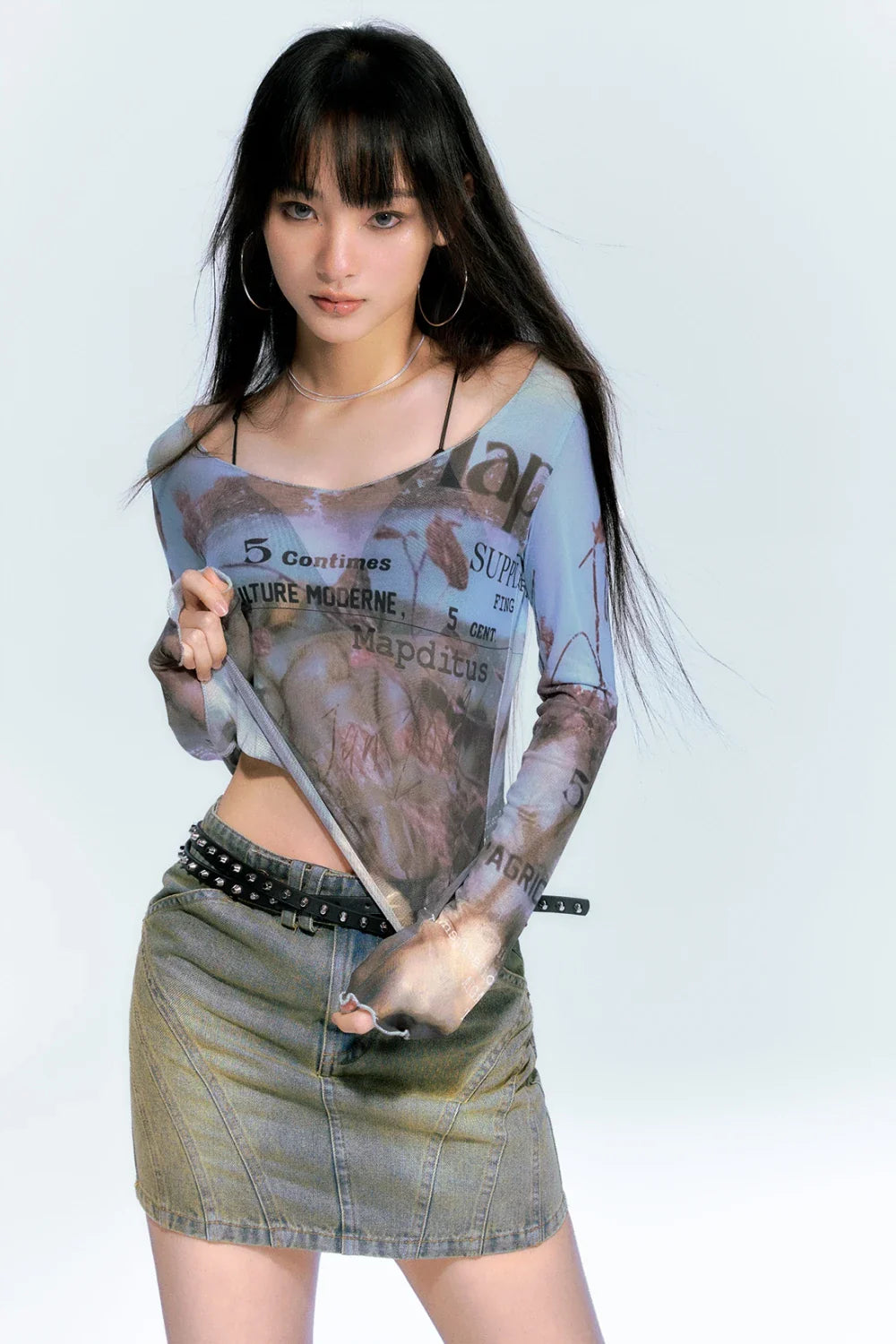 시어 메시 레터 프린트 롱 티셔츠