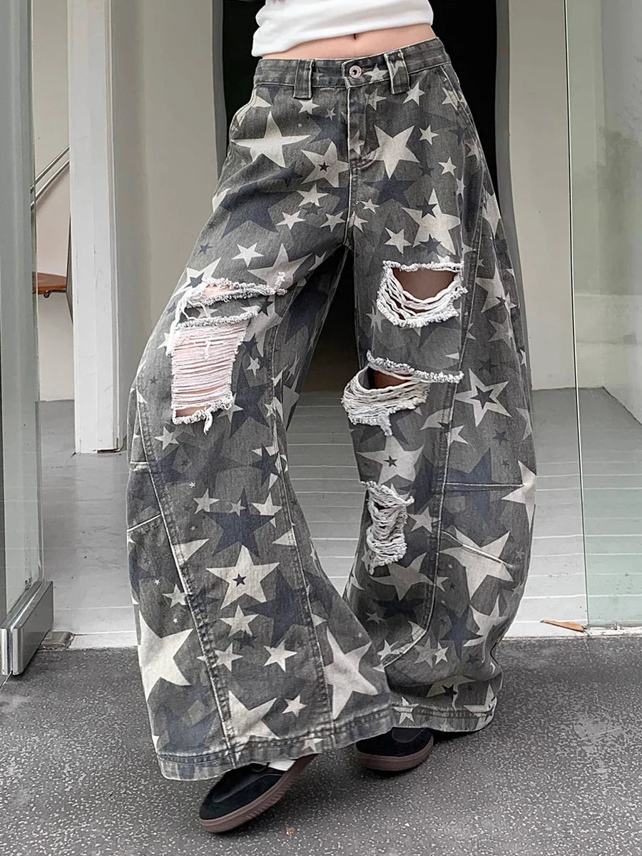 Camo Destroyed Loose Fit Boyfriend Denim Jeans