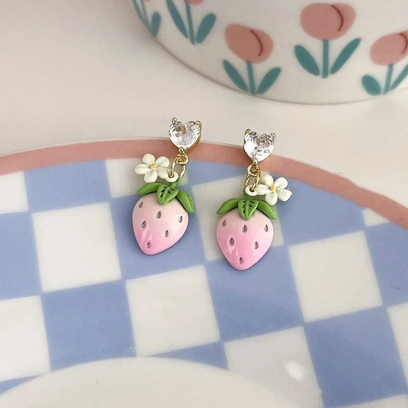 Korean Strawberry Flower Love Heart Earrings