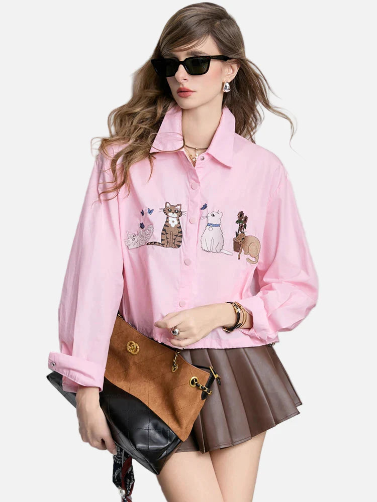 Cute Cat Embroidered Loose Fit Long Sleeve Shirt