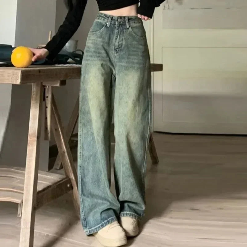 여성 빈티지 하이웨이스트 와이드 레그 진