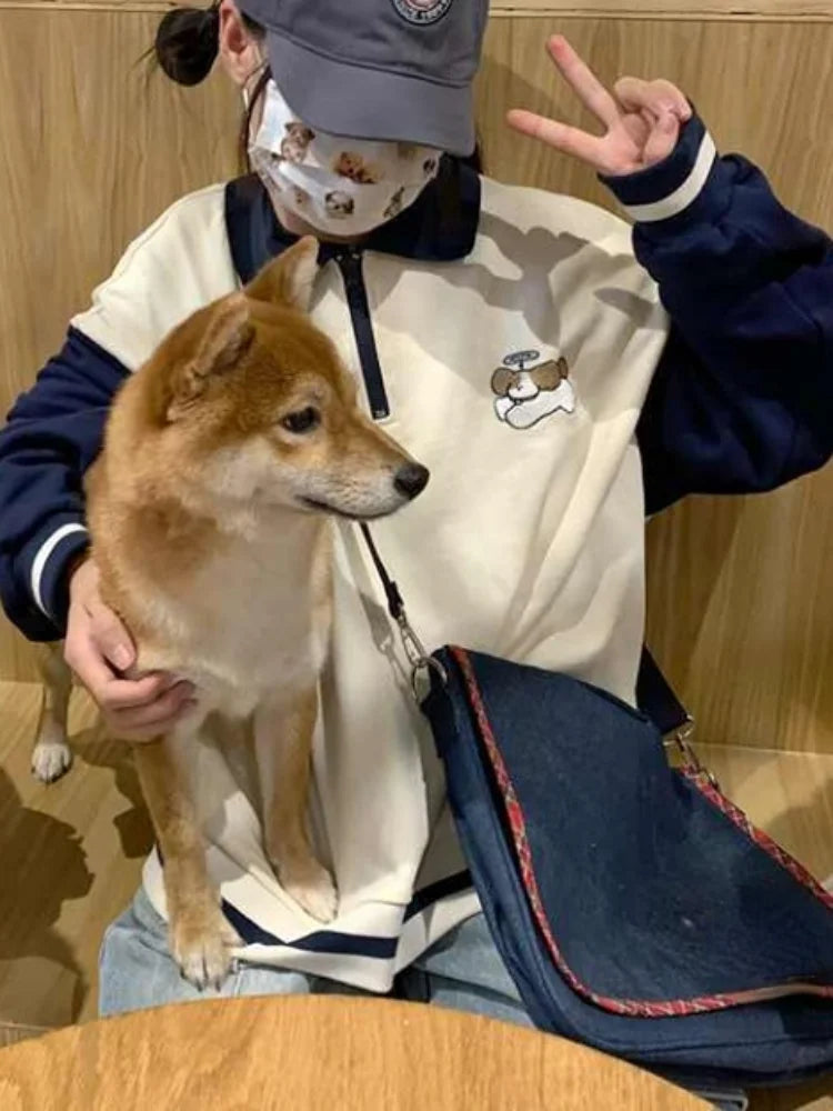 Vintage Patchwork Japanese Dog Embroidered Sweatshirt