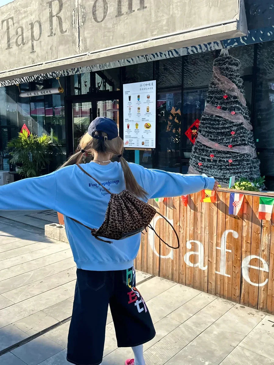 Vintage Letter Print Wide Leg Washed Denim Jorts