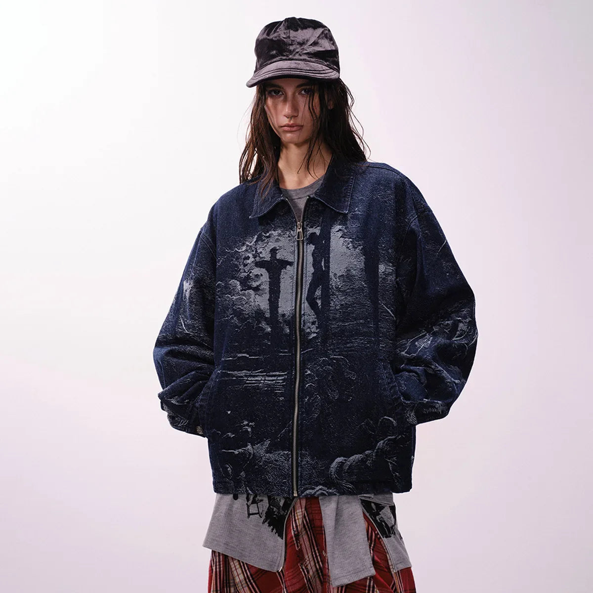 Dark Vintage Printed Denim Jacket Jeans