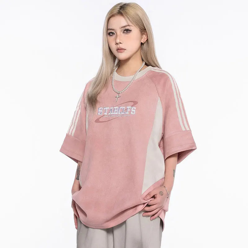 레트로 자수 스웨이드 패치워크 레이싱 티셔츠