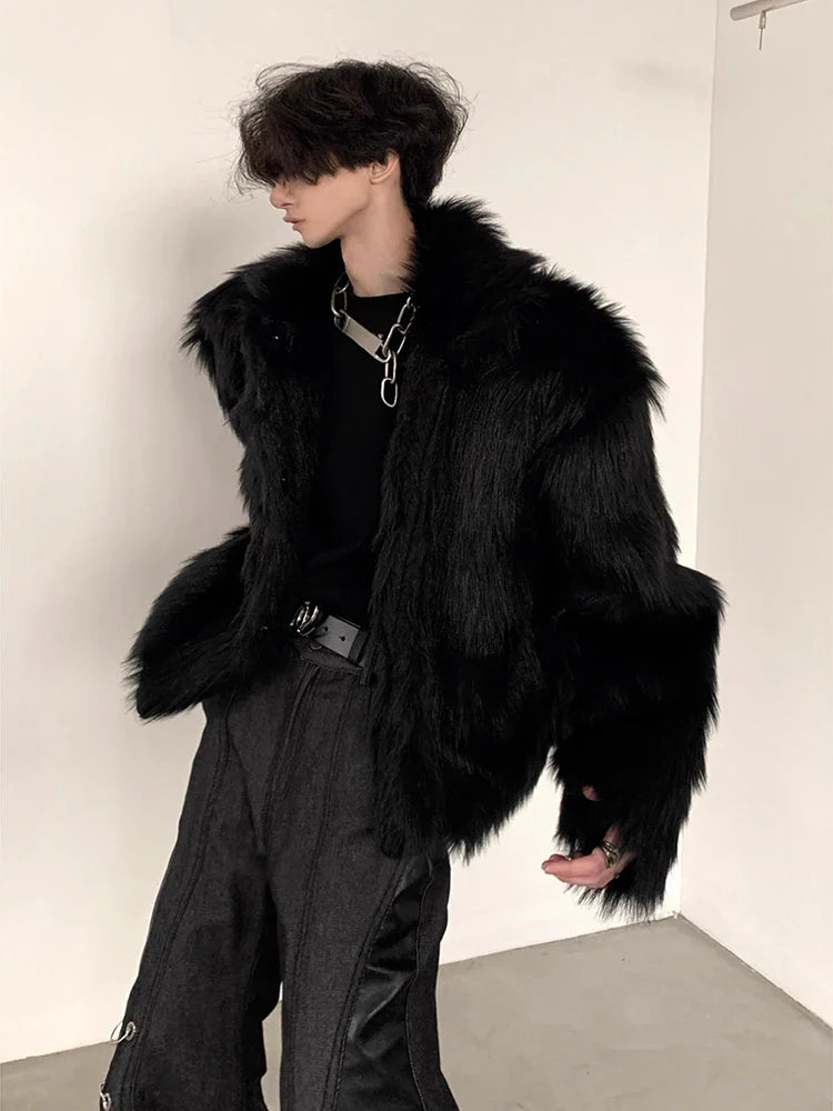 Veste de luxe streetwear en fausse fourrure noire épaisse
