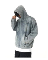 Sweat à capuche en jean à manches longues style streetwear américain rétro