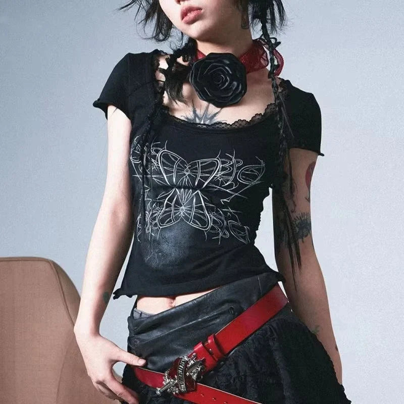 Vintage Lace Patchwork Black Print T-Shirt