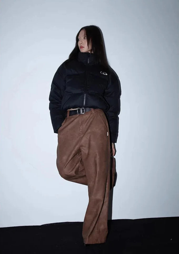 Women Luxury Brown Wide Leg Leather Pants