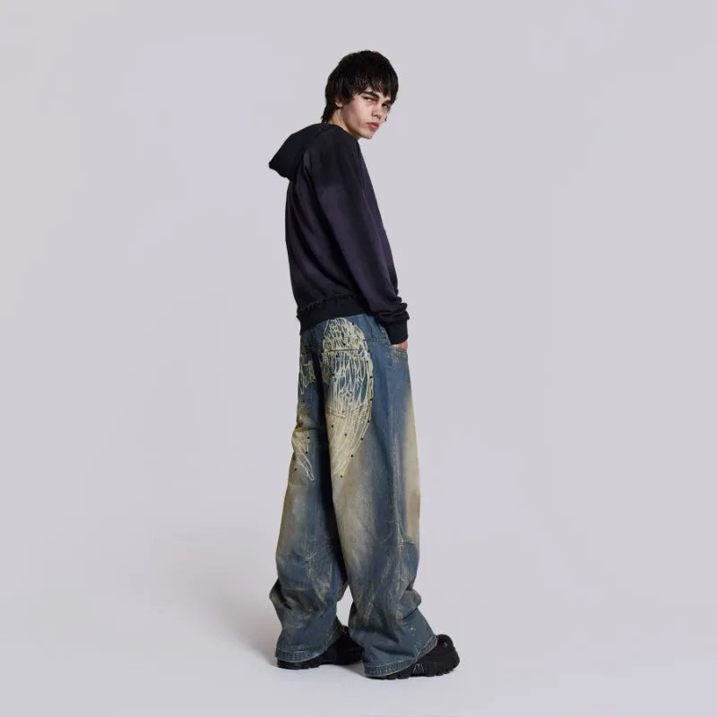 Vintage Wing Pattern Baggy Wide Leg Jeans
