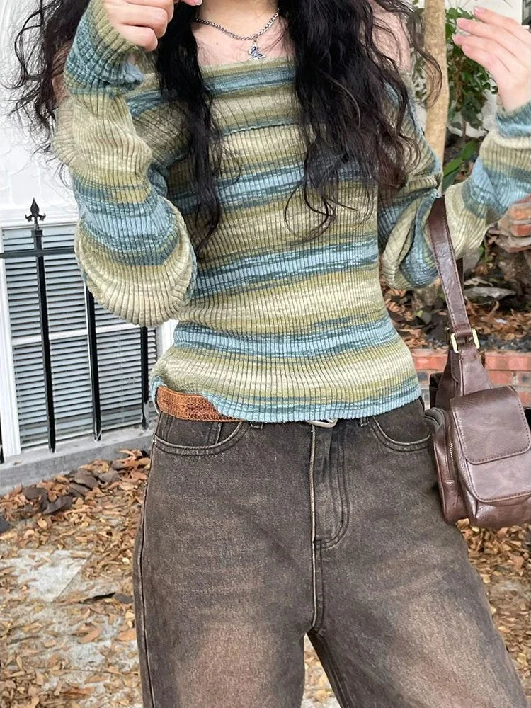 Y2K Schulterfreier gestreifter Strickpullover