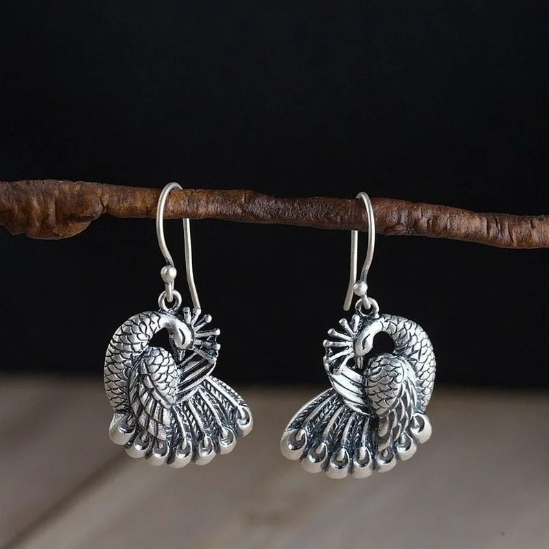 Handmade Vintage Metal Peacock Dangle Earrings