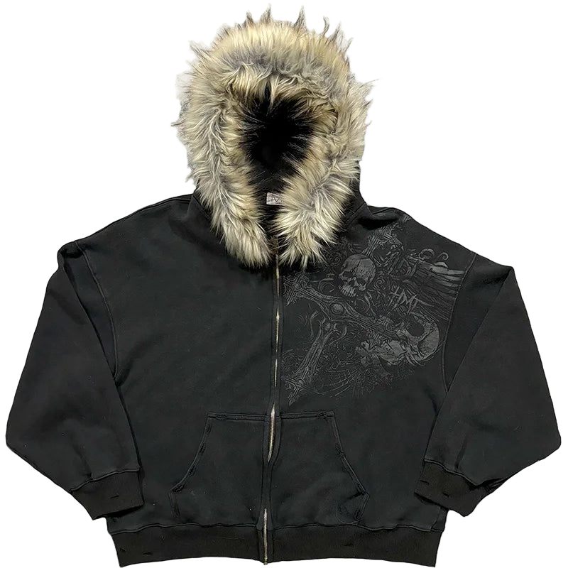 Y2K Faux Fur Collar Zip-Up Hoodie