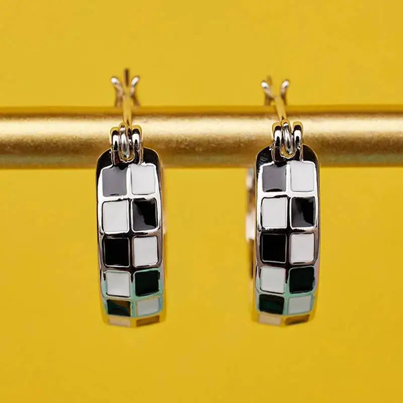 Elegant Black White Grid Hoop Earrings
