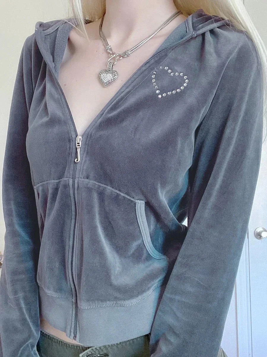 Y2K Crystal Heart Zip-Up Hoodie