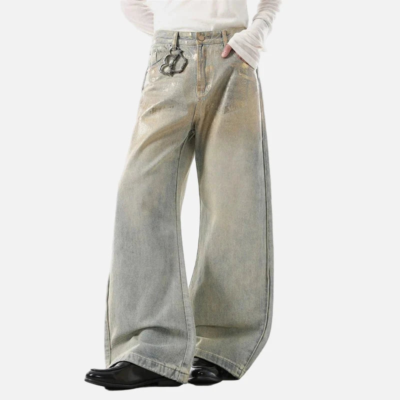 Chic Coated Printing Washed Wide Leg Jeans