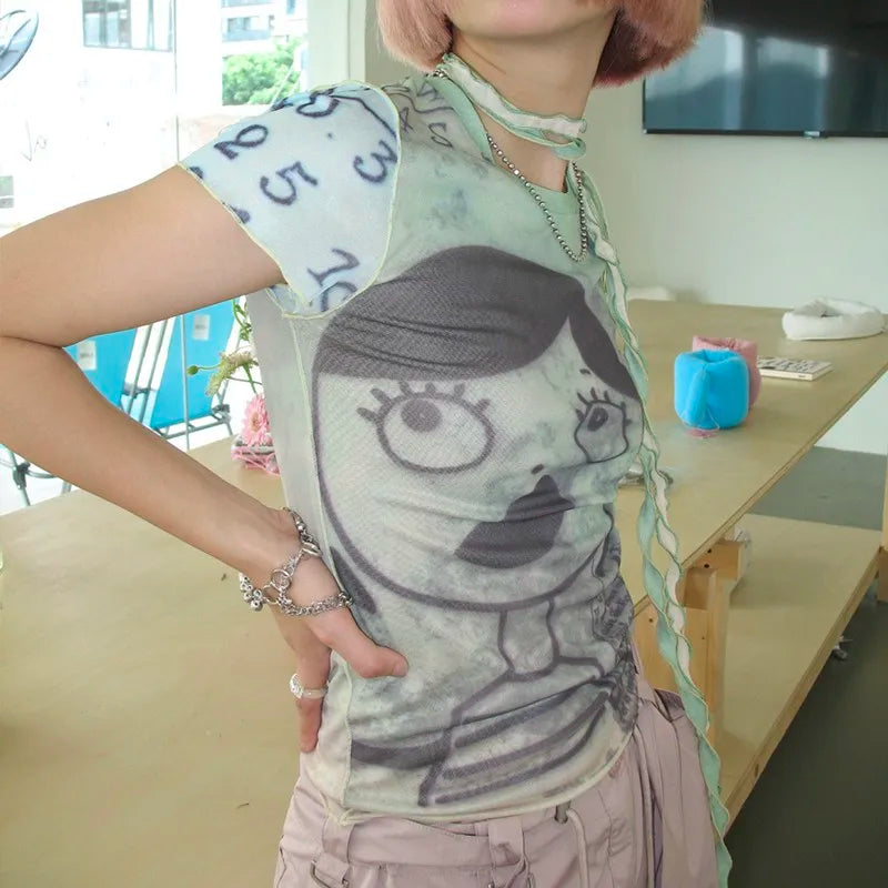 T-shirt vintage grunge en maille à motif cyber graphique