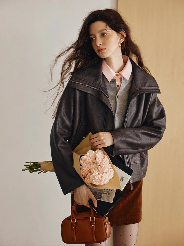 Stylish Turn Down Collar Faux Leather Jacket