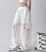 Women Solid Color Lace Hollow Wide Leg Pants