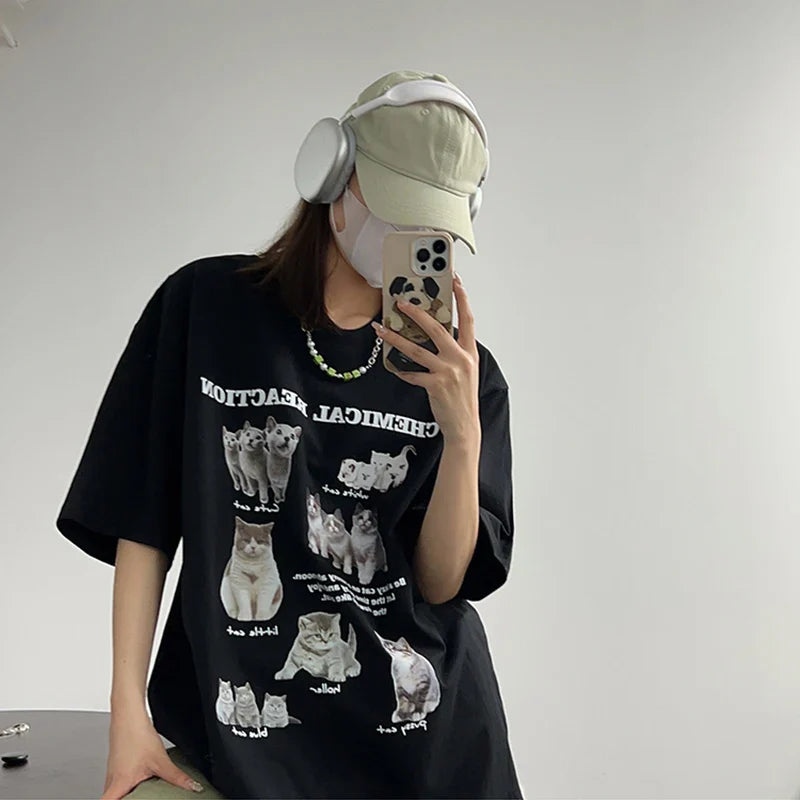 Y2K Damen-Katzen-T-Shirt