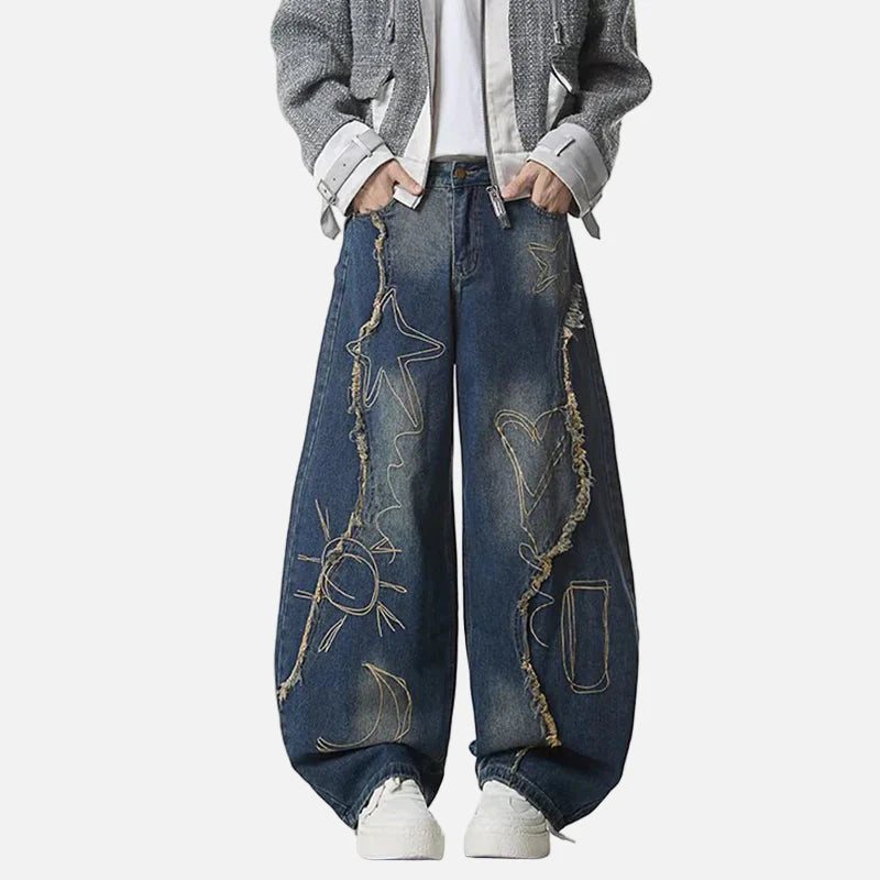 Raw Edge Printing Contrast Color Wide Leg Jeans